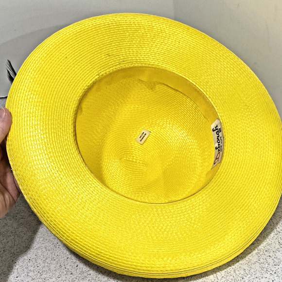 Vintage 80's Yellow & Black Deborah New York Straw Sun Hat Wide Brim w/ Feathers - Picture 9 of 9